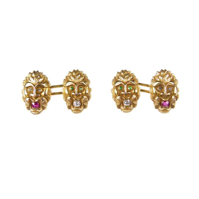 Pair of antique 14ct gold, diamond, ruby and gem mask cufflinks | MasterArt